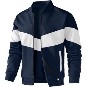 🆕Men's Blue/White/Blue Lightweight Jacket Color Block Casual Bomber Jacket